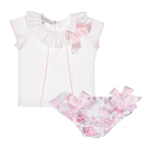 Baby Girls White T-Shirt & Pink Floral Knickers Set