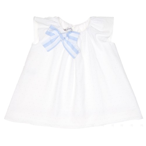 Girls White Polka Dot Dress with Blue Striped Bow