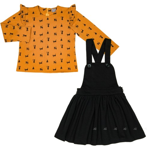 Mustard Cat Print Dress & Black Dungaree Skirt Set