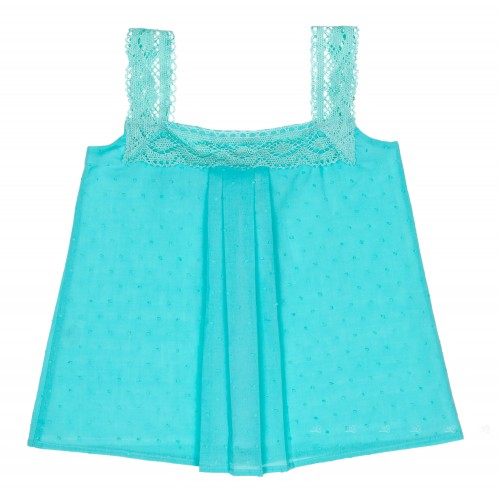 Girls Turquoise Polka Dot & Lace Top  