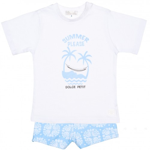 Boys Light Blue T-Shirt & Flower Print Swim Shorts Set