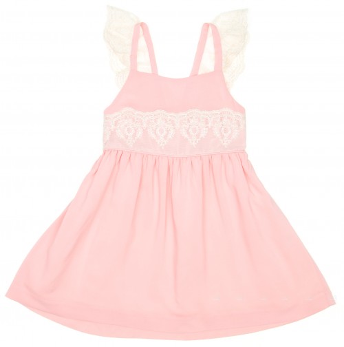 Girls Pink & Ivory Elastic V Back Lace Dress