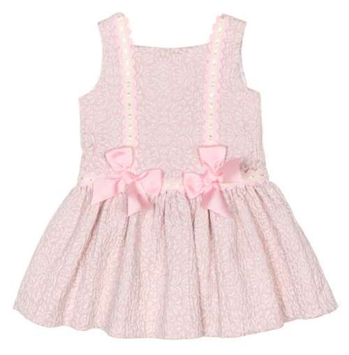 Girls Pink & Beige Jacquard Dress with Bows