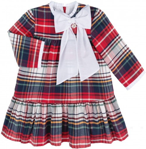 Foque Girls Red Check Cotton Dress & White Bow