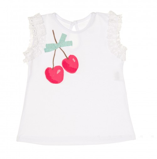 White T-Shirt with Embrodiered Cherry 
