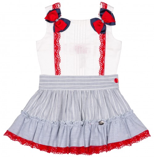 Dolce Petit Conjunto Niña Blusa Blanco Falda Rayas Azul Denim