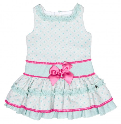 Girls Aqua Green & Pink Jacquard Dress