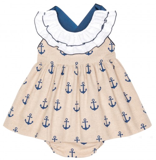 Baby Girls Navy Blue & Beige Anchor Print 2 Piece Dress Set