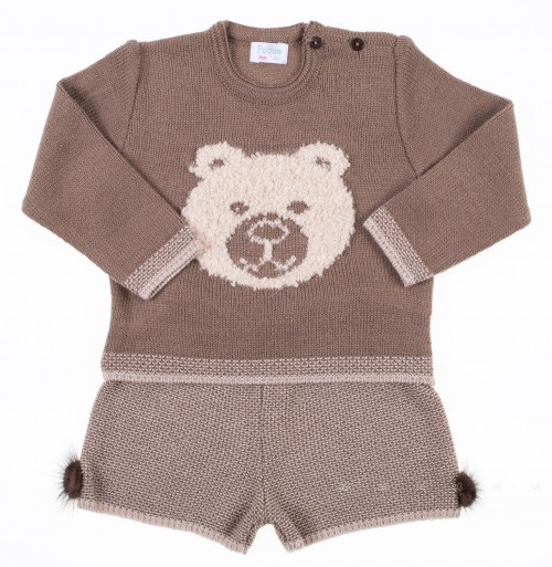 Beige & Brown Knitted Bear Sweater & Shorts with pompoms set