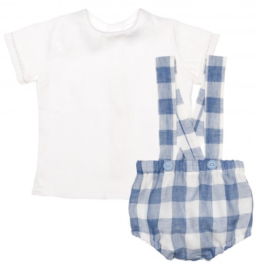 Baby Boys Ivory Linen Shirt & Blue Gingham Shorts Set