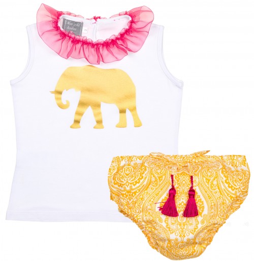 Baby Girls Elephant Top & Yellow Ethnic Print Shorts Set 