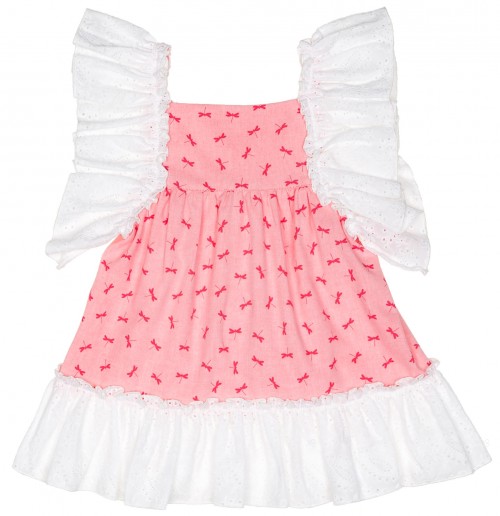 Girls Pink Dragonfly Print & White Ruffle Lace  Dress 