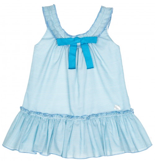 Girls Blue & White Striped Dress with Ruffle Hem