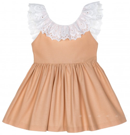 Girls Beige Dress with Lace Ruffle Collar & Pink Back Bow