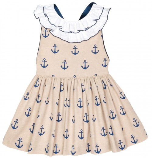 Girls Beige & Navy Blue Anchor Print Flared Dress