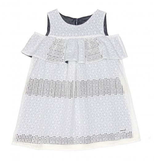 Girls Ivory & Navy Blue Embroidered Dress