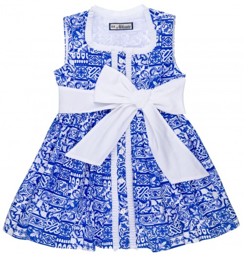Girls Blue Geometric  Print Dress & White Bow
