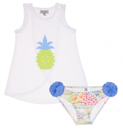 White Pineapple T-Shirt & Colourful Floral Print Bikini Bottoms Set 