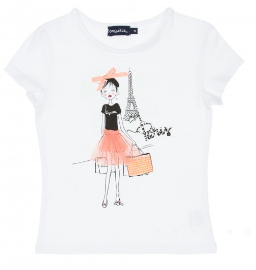 White Cotton Girl in Paris Printed T-Shirt