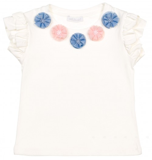 Girls Ivory T-Shirt with Tulle Flower Adornment 