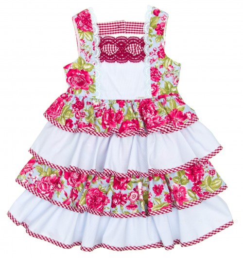 Colourful Floral & Check Print Ruffle Dress