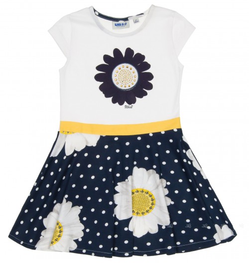 Girls White & Navy Blue Floral Print Cotton Dress
