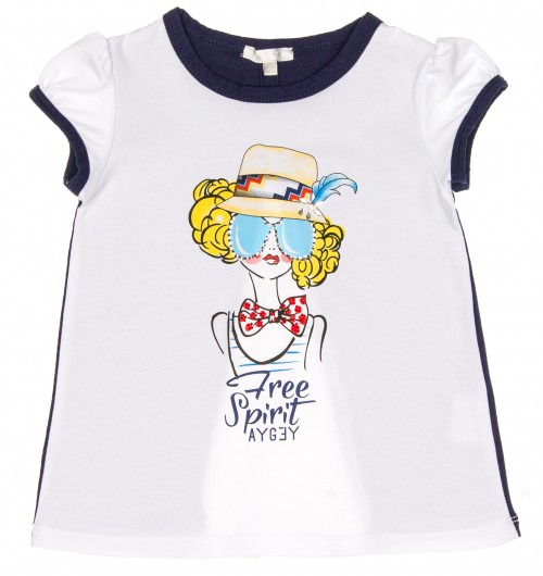 White & Navy Blue Girl with Hat T-Shirt