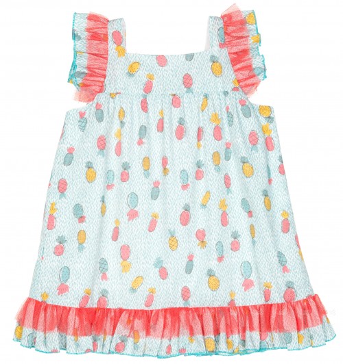 Girls Green & Coral Pink Pineapple Print Dress