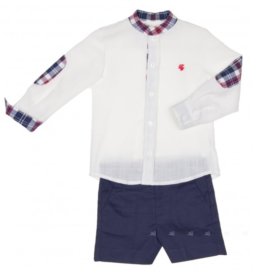 Boys White Shirt With Elbow Patches & Navy Blue Shorts Set 