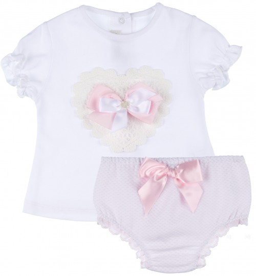 Baby Girls White Lace Heart T-Shirt & Pink Polka Knickers Set
