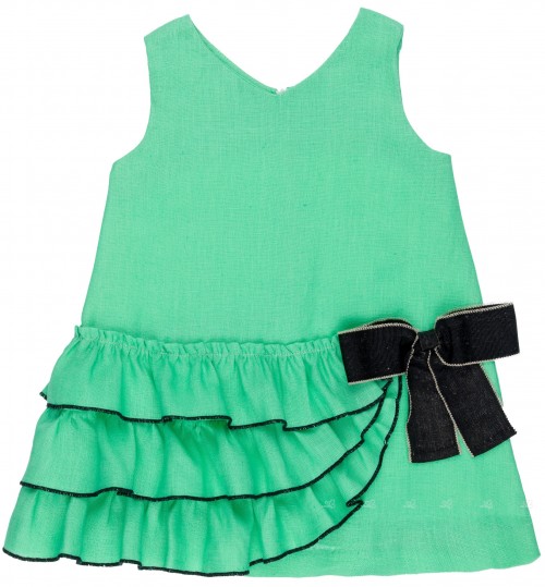 Girls Green Linen Ruffle Dress & Black Bow