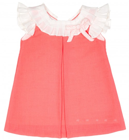 Baby Girls Coral Pink & White Dress with Pleated Collar