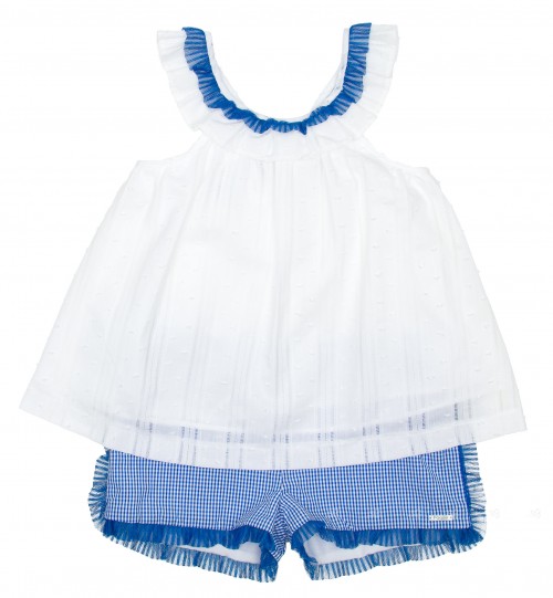 White Cotton Top & Blue Check Print Short Set 