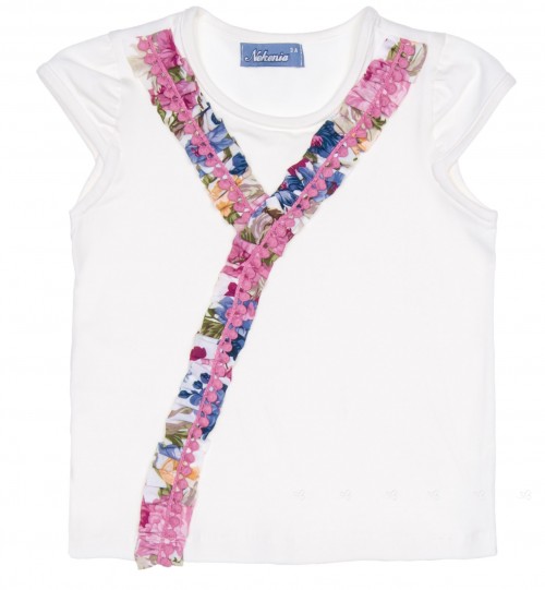 Girls Ivory T-Shirt with Floral Trim 