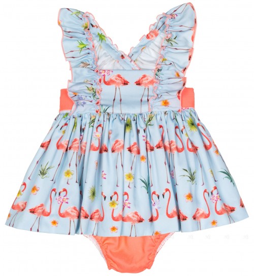 Girls Blue & Coral Flamingo Print 2 Piece Dress Set