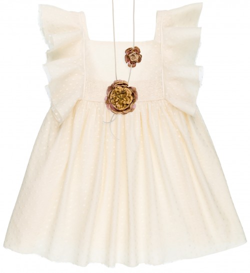 Girls Ivory Tulle Plumeti Dress With Gold & Pink Flowers Necklace