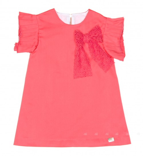 Girls Coral Pink Dress With Pleated Sleeves