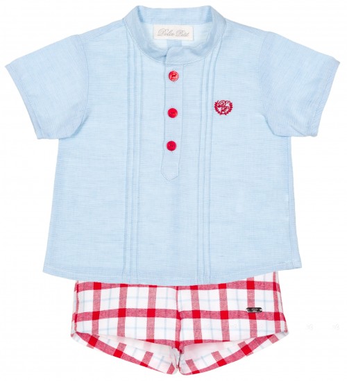 Baby Boys Blue Shirt & Red Checked Shorts Set.
