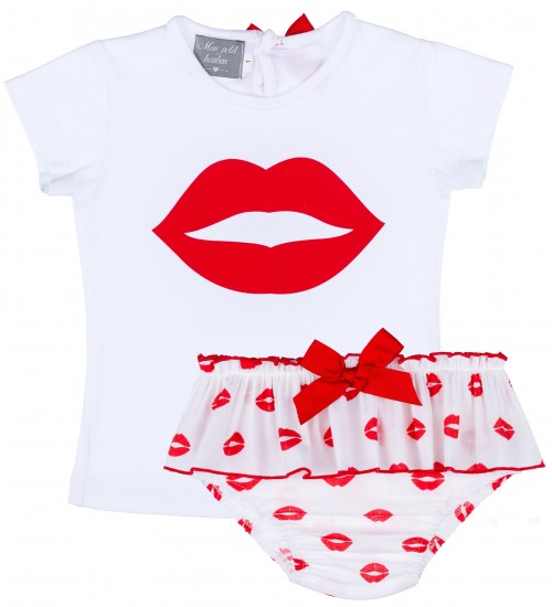 Conjunto Bebé Camiseta Blanco & Braguita Labios Rojo 
