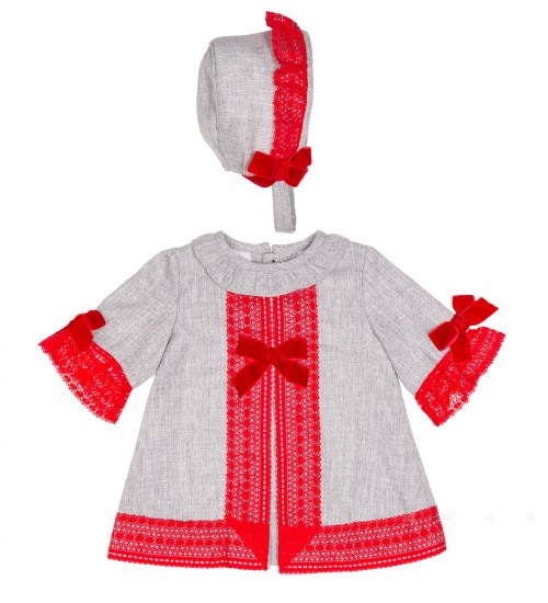 Baby Girls Gray Dress with Red Lace Collar & Bonnet Set