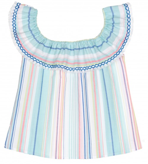 Girls Blue & Pink Striped Blouse with Ruffle Collar