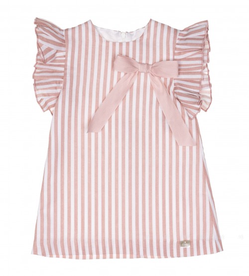 Girls Blush Pink & White Striped Dress With Pleated Sleeves