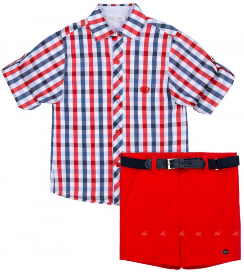 Conjunto Niño Camisa Algodón Cuadros & Short Rojo