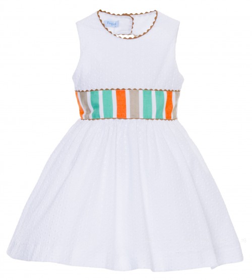 White Broderie Dress with Back Neckline & Striped Bow