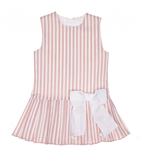 Girls Blush Pink & White Striped Dress With With Pleated Hem