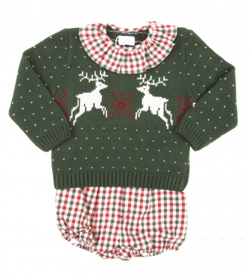 Green Reindeer Knitted Sweater & Check Print Short Set 