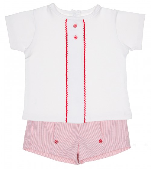 Baby Boys Ivory T-Shirt & Red Striped Shorts Set 