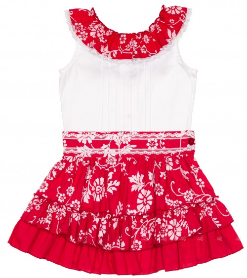Girls White Blouse & Red Floral Print Skirt Set 