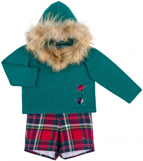 Lappepa Moda Infantil Conjunto Niño Jersey Capucha Pelo & Short Tartan Rojo