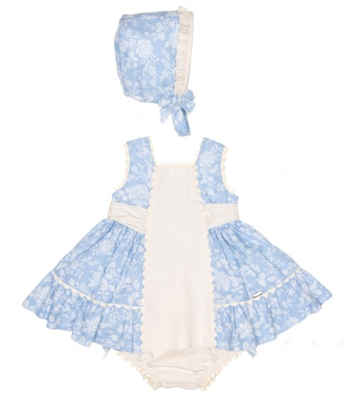 Baby Blue & Ivory Floral Print Dress Bonnet & Knickers Set 